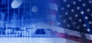usa-trump-tariffsjpeg - Machines Wiki Blue composite image with financial charts and percent markers overlaid on a waving U.S. flag, symbolizing US economic data analysis.
