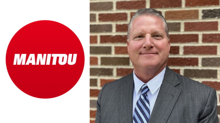 Manitou North America names Chris Genal as vice president of sales Manitou red circular logo on the left and a suited man posing in front of a brick wall on the right.