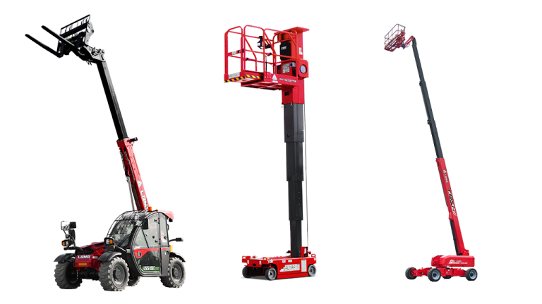 1785443088_64119_en_198d4_66297_lgmg-boomlift-verticalmastlift-electric-telehandlerpng - Machines Wiki Three aerial work platforms: a large telescopic boom lift on a vehicle, a red vertical mast lift on a trailer, and a compact articulating boom lift on wheels.