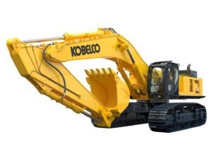 KOBELCO-SK850LC-11-FL-scaledjpg - Machines Wiki Yellow Kobelco hydraulic excavator with extended arm and bucket on tracked undercarriage.