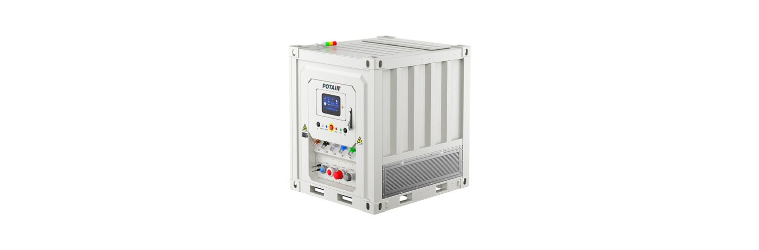 White industrial control cabinet with a small touchscreen display and colored indicator lights on a metal frame (Potain branding).