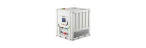 White industrial control cabinet with a small touchscreen display and colored indicator lights on a metal frame (Potain branding).