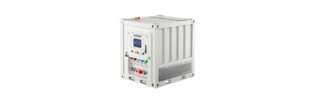 White industrial control cabinet with a small touchscreen display and colored indicator lights on a metal frame (Potain branding).