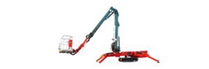 SPA27J-sfondojpg - Machines Wiki Compact crawler crane with a long folding hydraulic boom and a suspended work basket for elevated lifting on uneven ground.