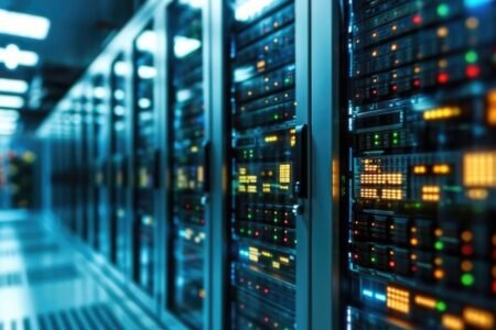 Rows of server racks in a data center with blinking LED indicators and cool blue lighting.