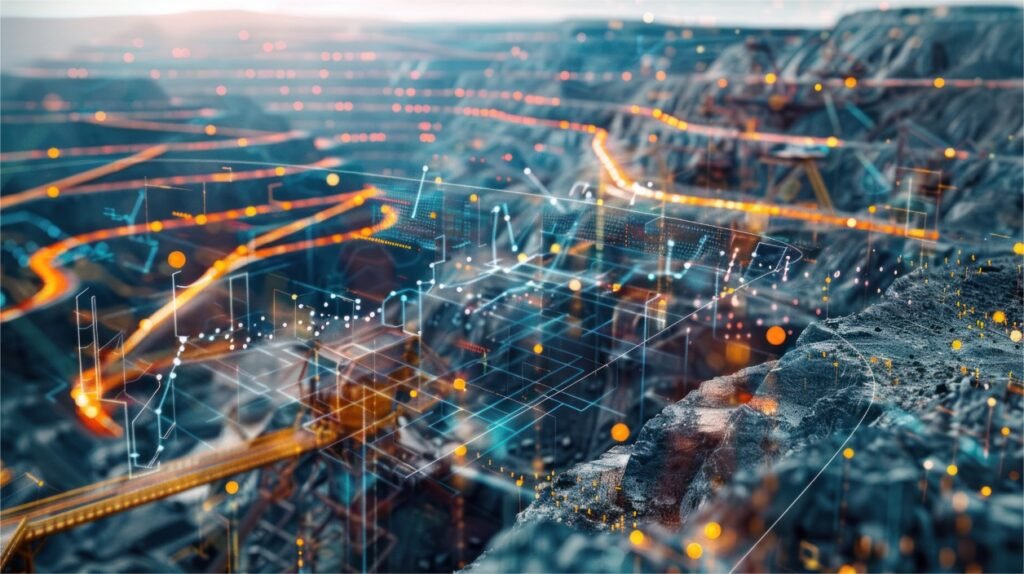 Abstract data-visualization overlays with glowing lines and charts over a rocky industrial landscape.