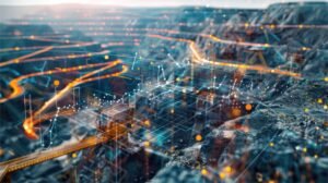 Abstract data-visualization overlays with glowing lines and charts over a rocky industrial landscape.