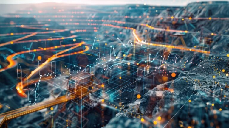 Abstract data-visualization overlays with glowing lines and charts over a rocky industrial landscape.