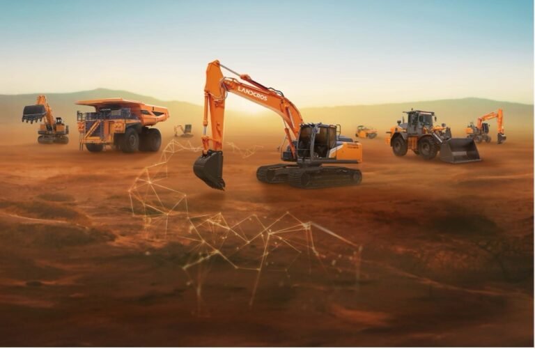 hitachijpg - Machines Wiki Orange excavator and other heavy equipment on a dusty desert construction site at sunset, with a geometric network overlay in the air.