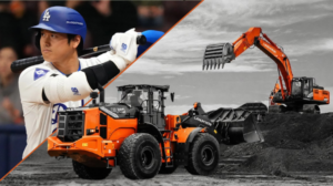 1786056704_64147_en_2796d_66331_landcrosshohei-ohtani-copypng - Machines Wiki Split-image showing a baseball player in a blue helmet on the left and heavy construction machinery (orange excavator and dump truck) at a quarry on the right, separated by an orange diagonal line.