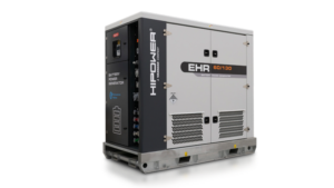 Industrial diesel generator on a metal skid with gray panels, showing 'HIDRIVE' branding and 'EHR 60/130' model label.