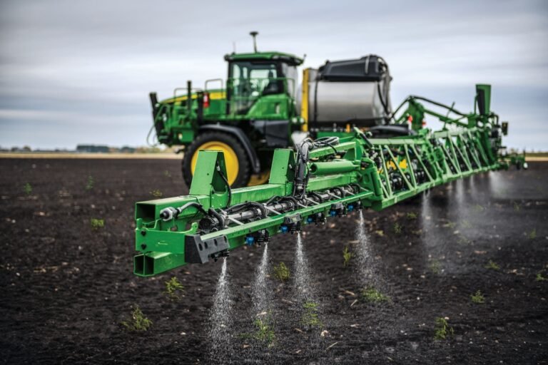 Green farming tractor attached to a long irrigation/soil-watering implement spraying water onto a dark cultivated field.